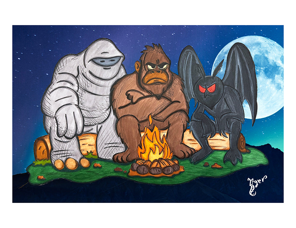 Art Print - M5 Cryptids by Campfire - Bigfoot, Mothman