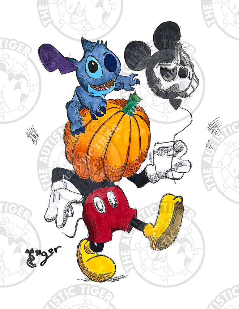 Art Print - MM4 Mickey, Stitch and Pumpkin - Disney Fab 5