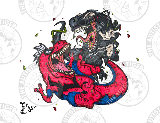 Art Print - N14 T-Rex Spiderman v Venom - Marvel