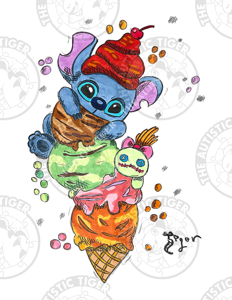 Art Print - N23 Stitch and Scrump with HUGE Ice Cream Cone - Lilo and Stitch