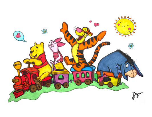 Art Print - N32 - Riding a Train - Pooh and Friends