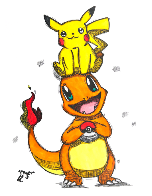 Art Print - N06 Charmander and Pikachu Color 2 - Pokemon