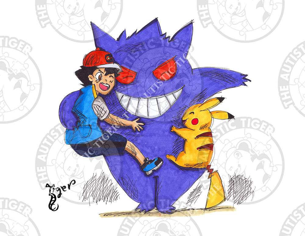 Art Print - N9 Gengar, Pikachu and Ash - Pokemon