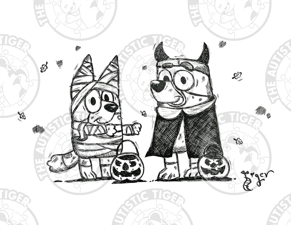 Art Print - P1 Bluey Halloween B/W