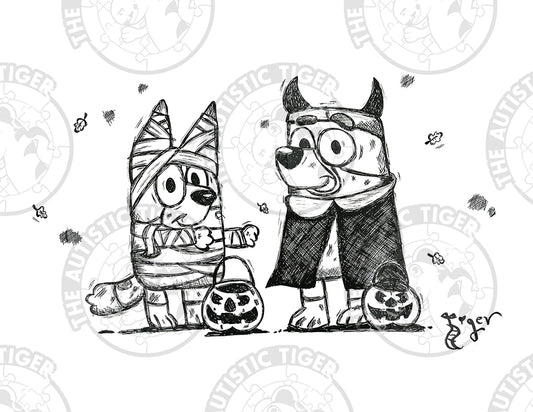 Art Print - P1 Bluey Halloween B/W