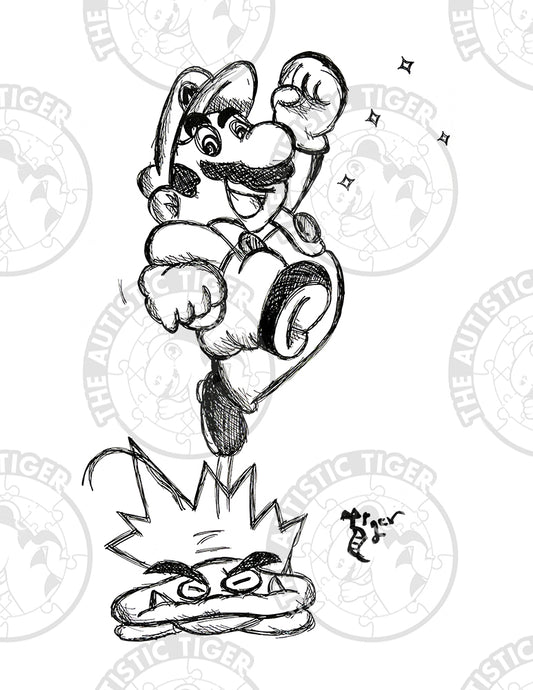 Art Print - P14 Mario and Mushroom B/W - Super Mario Bros / Nintendo