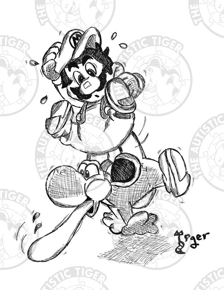 Art Print - P15 Mario and Yoshi B/W - Super Mario Bros / Nintendo