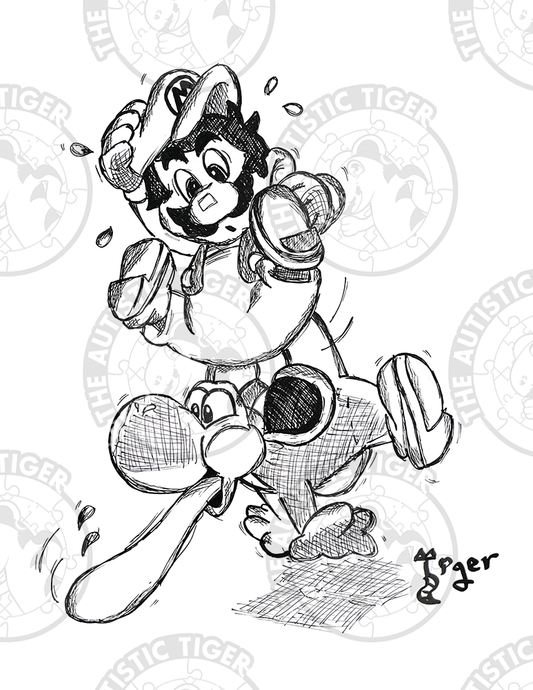 Art Print - P15 Mario and Yoshi B/W - Super Mario Bros / Nintendo