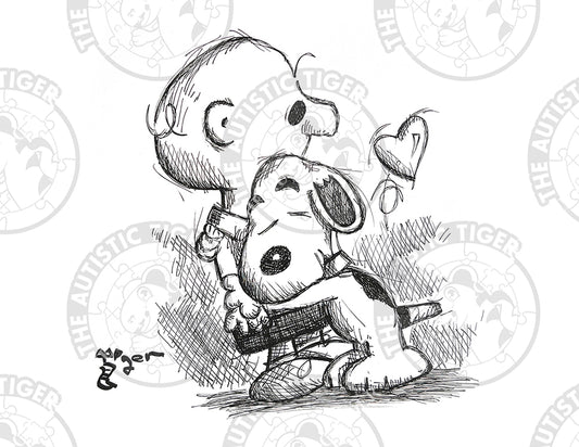 Art Print - P17 Snoopy Hugs Charlie Brown B/W - Peanuts