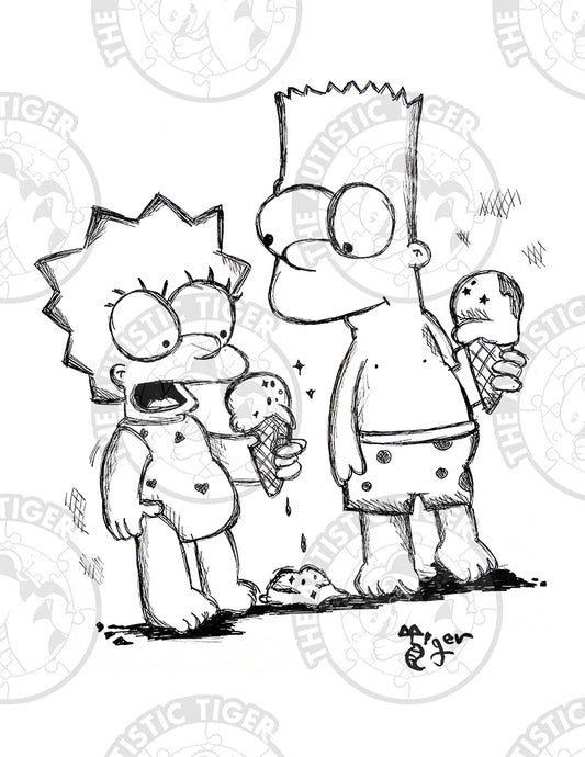 Art Print - P20 Bart and Lisa with Ice Cream B/W - The Simpsons