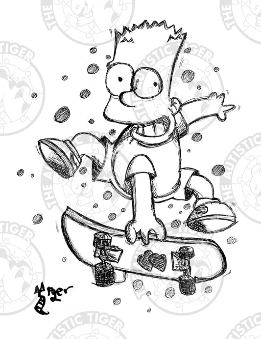 Art Print - P21 Skateboard Bart B/W - The Simpsons