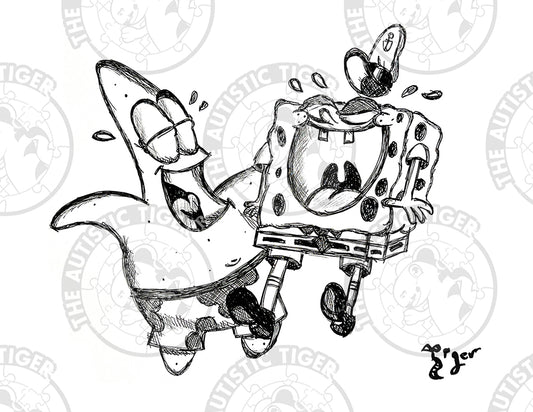 Art Print - P22 Spongebob and Patrick Laughing B/W - Spongebob Squarepants