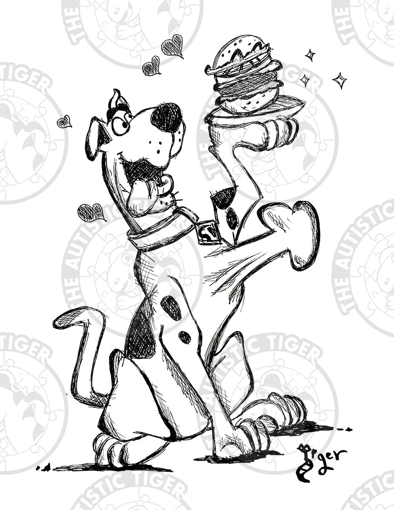 Art Print - P24 Scooby Doo Hamburger Heart B/W