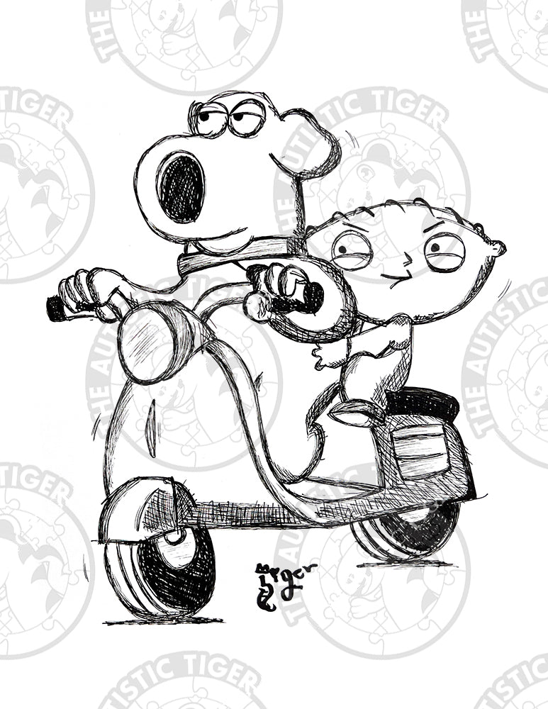 Art Print - P25 Stewie and Brian on Vespa B/W - Family Guy