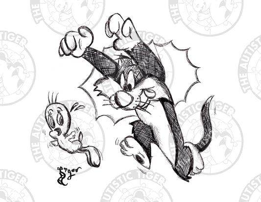 Art Print - P27 Sylvester Chases Tweety B/W - Warner Bros / Looney Tunes