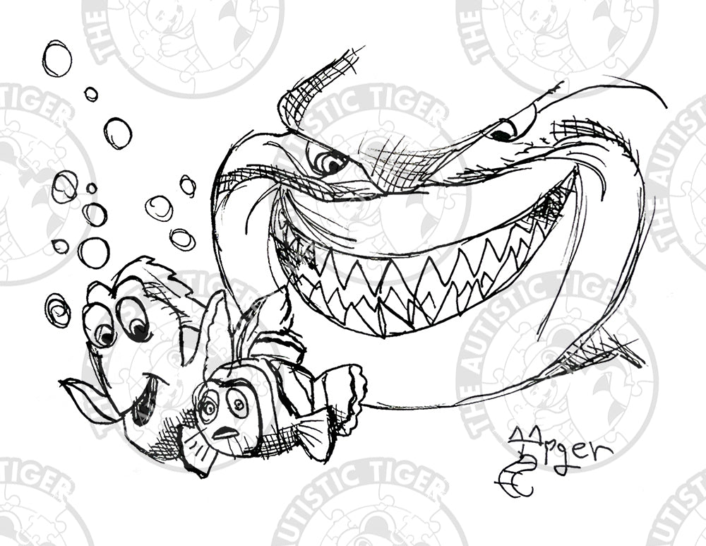 Art Print - P40 Nemo, Dory and Bruce the Shark B/W - Finding Nemo