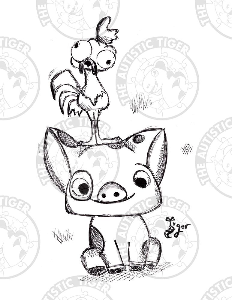 Art Print - P46 HeiHei and Pua B/W - Moana