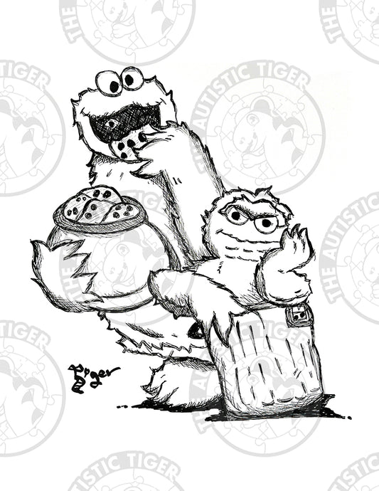 Art Print - P48 Cookie Monster and Oscar the Grouch B/W - Sesame Street