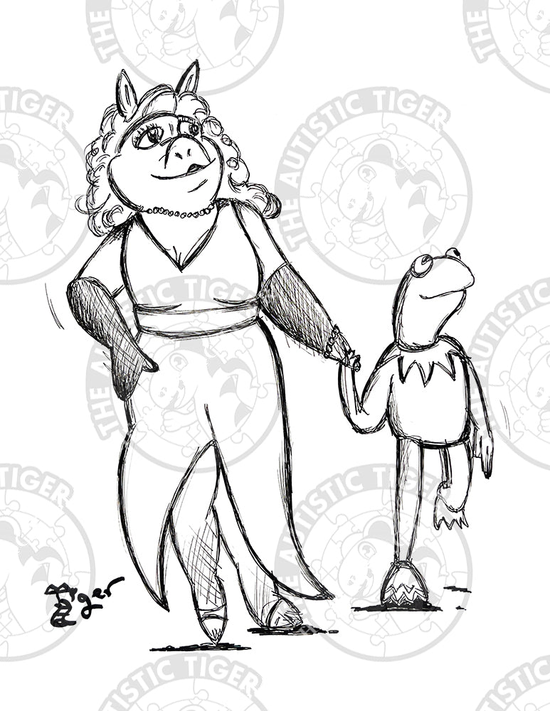 Art Print - P49 Kermit the Frog and Miss Piggy B/W - The Muppets