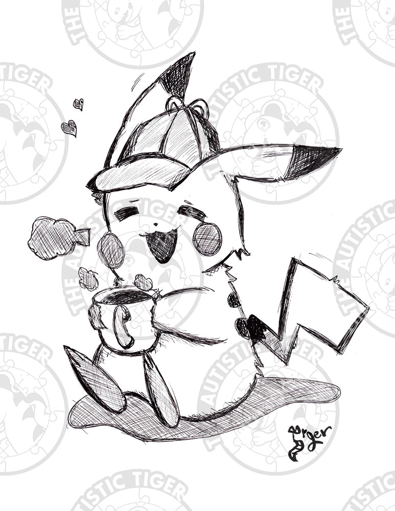 Art Print - P68 Pikachu Baseball Cap and Coffee B/W - Pokemon