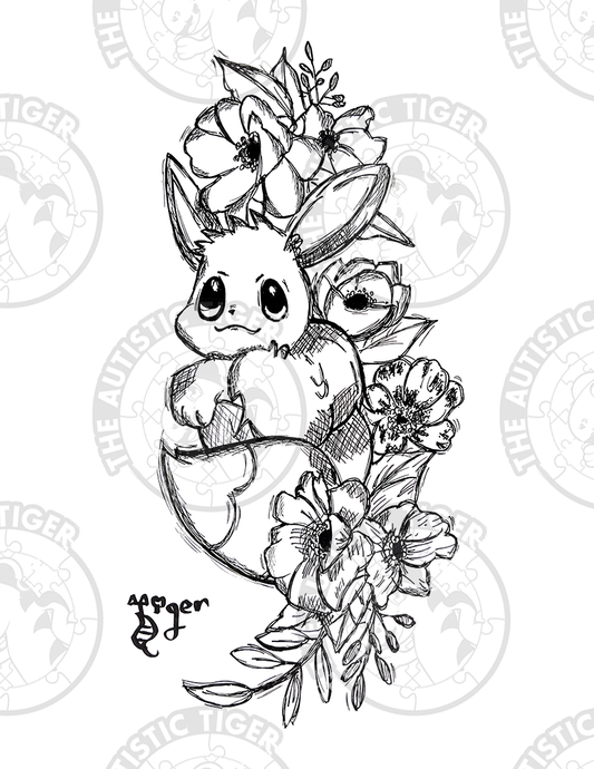 Art Print - P69 Eevee Floral Tattoo B/W - Pokemon