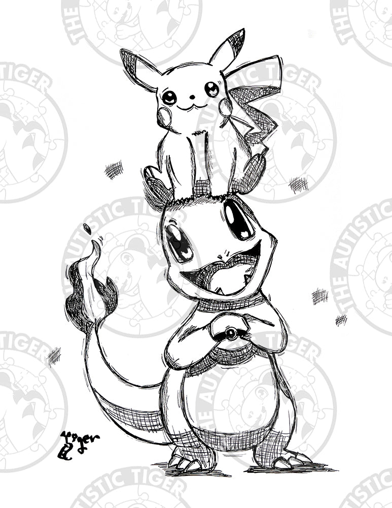 Art Print - P70 Pikachu and Charmander B/W - Pokemon