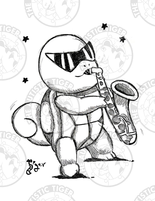 Art Print - P72 Squirtle Playing Sax B/W - Pokemon