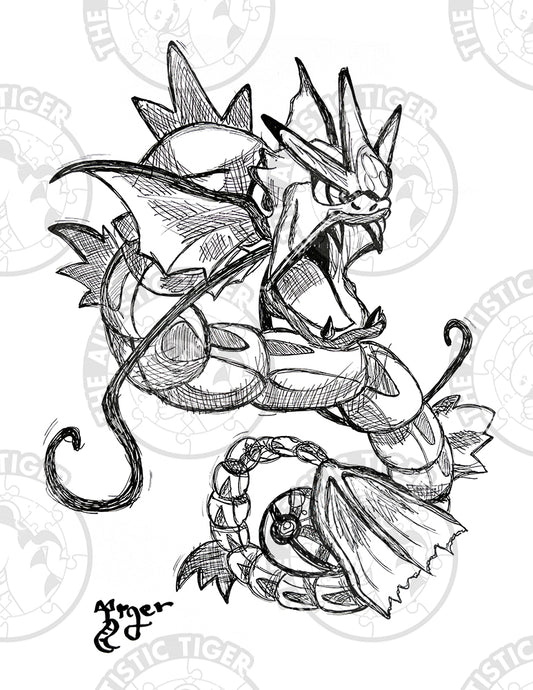 Art Print - P74 Gyarados B/W - Pokemon