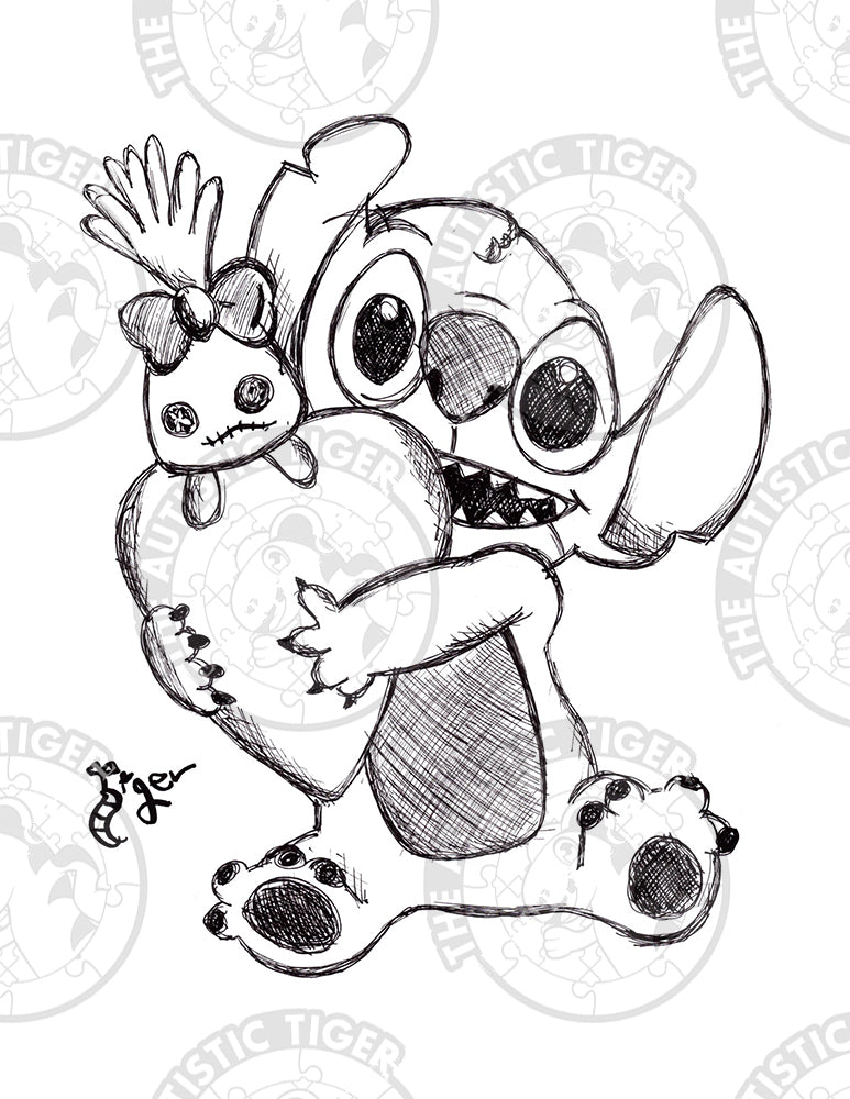 Art Print - P79 Stitch and Scrump B/W - Disney Lilo and Stitch