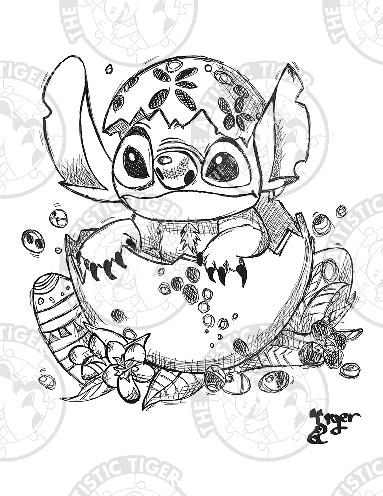 Art Print - P80 Stitch in Easter Egg B/W - Disney Lilo and Stitch