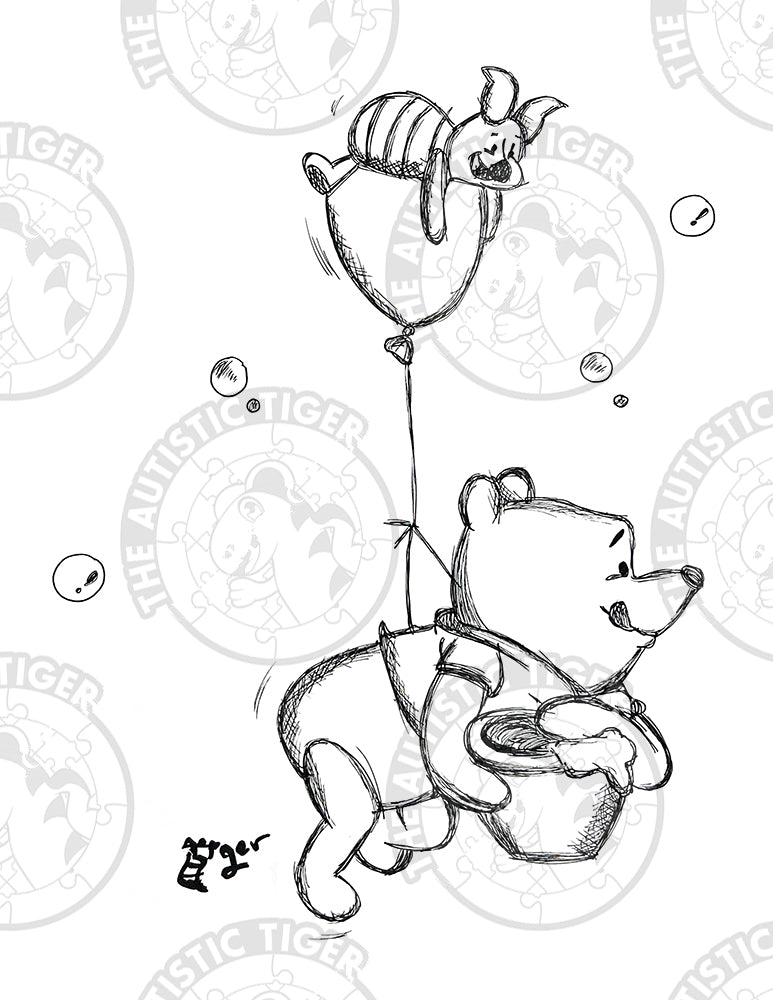 Art Print - P84 Pooh Piglet and Balloons B/W - Winnie the Pooh DIsney