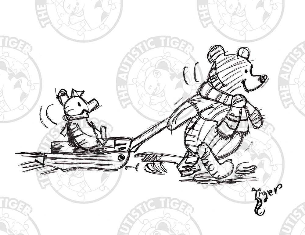 Art Print - P85 Pooh Piglet and Sled B/W - Winnie the Pooh DIsney