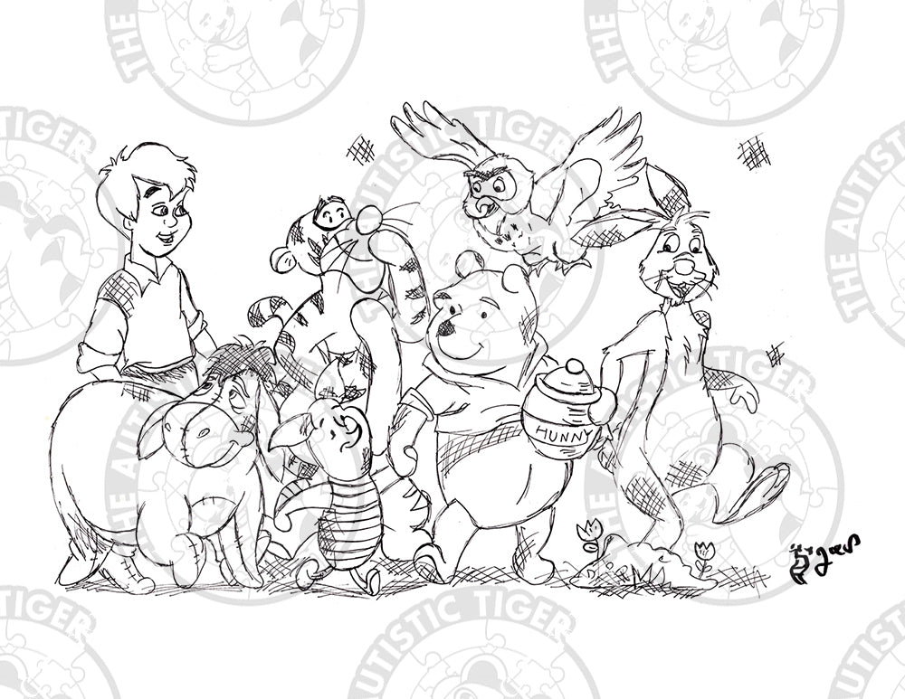 Art Print - P87 The Pooh Gang B/W - Winnie the Pooh DIsney