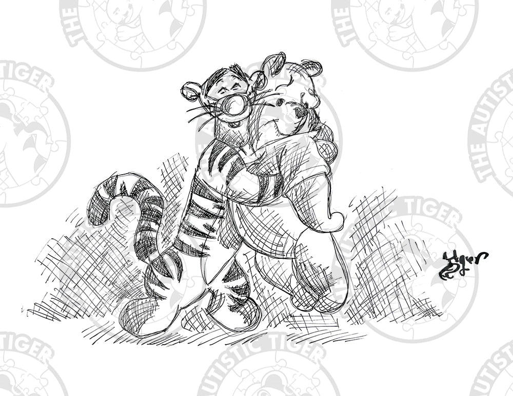 Art Print - P88 Tigger Hugs Pooh B/W - Winnie the Pooh DIsney