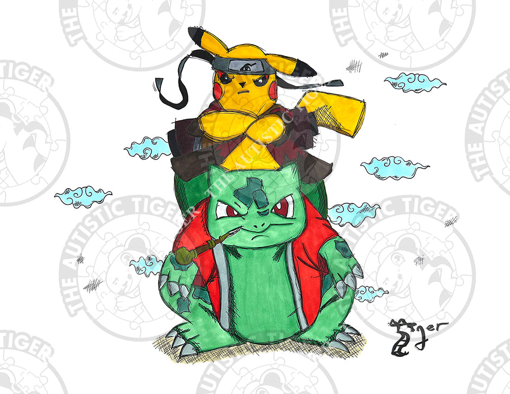 Art Print - PK17 Pikachu on Bulbasaur - Pokemon