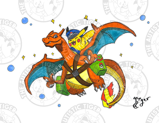 Art Print - PK1 Pikachu Rides Charizard - Pokemon