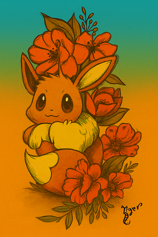 Art Print - PK22 Eevee Flowers Color - Pokemon