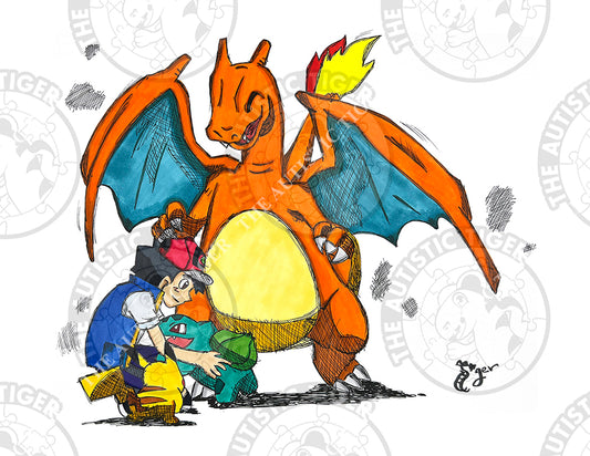 Art Print - PK3 Pikachu, Charizard, Bulbasaur and Ash - Pokemon