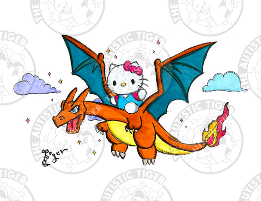 Art Print - PK5 Hello Kitty Rides Charizard - Pokemon