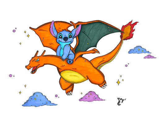 Art Print - PK08 Stitch Rides Charizard - Pokemon