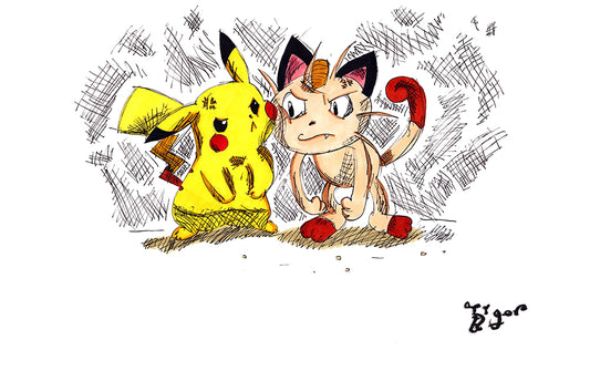 Pikachu and Meowth - Pokemon - 11x17 Character Drawing