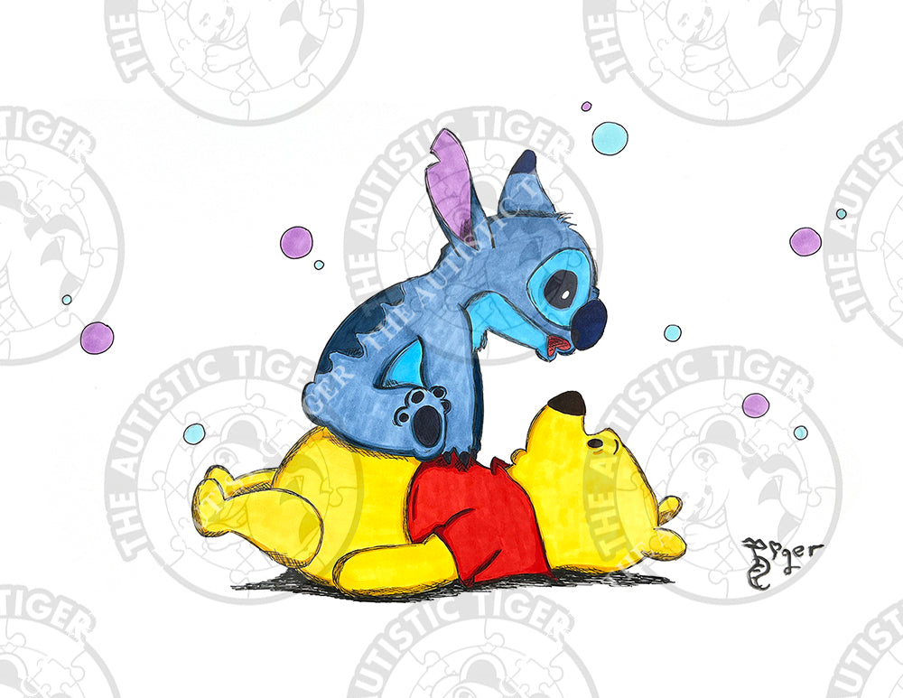 Art Print - S11 Stitch on Pooh - Lilo and Stitch