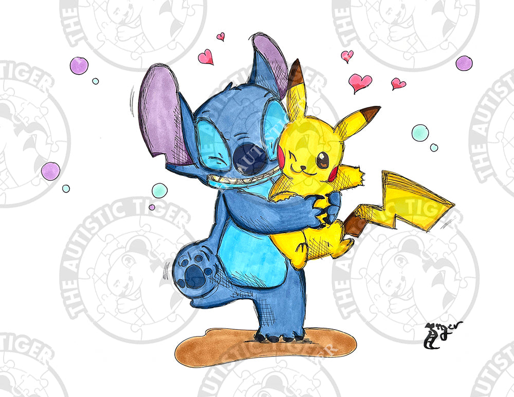 Art Print - S15 Stitch Hugs Pikachu - Lilo and Stitch