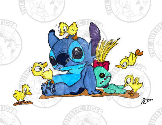 Art Print - S19 Stitch and Baby Ducks - Lilo and Stitch