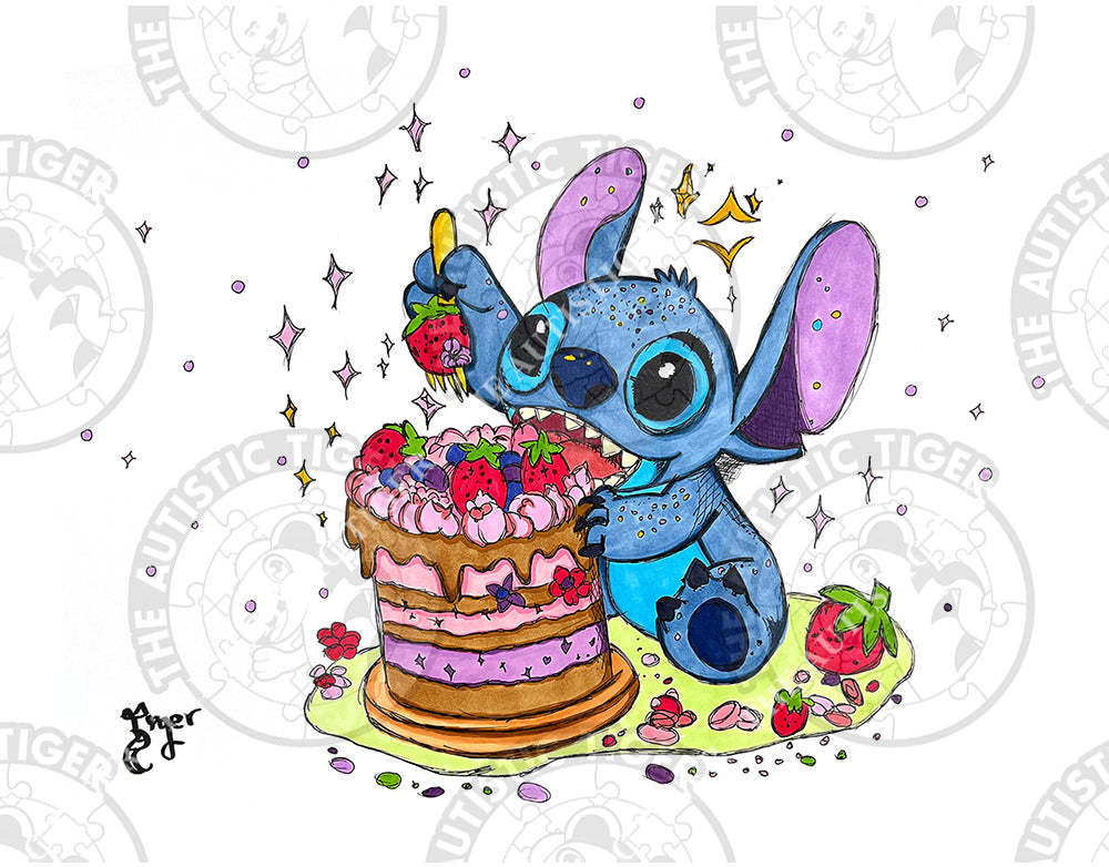 Art Print - S25 Stitch and Big Cake - Lilo and Stitch