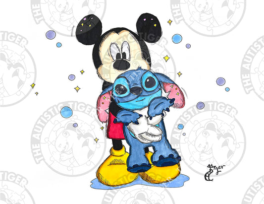 Art Print - S8 Mickey Holds Stitch - Lilo and Stitch