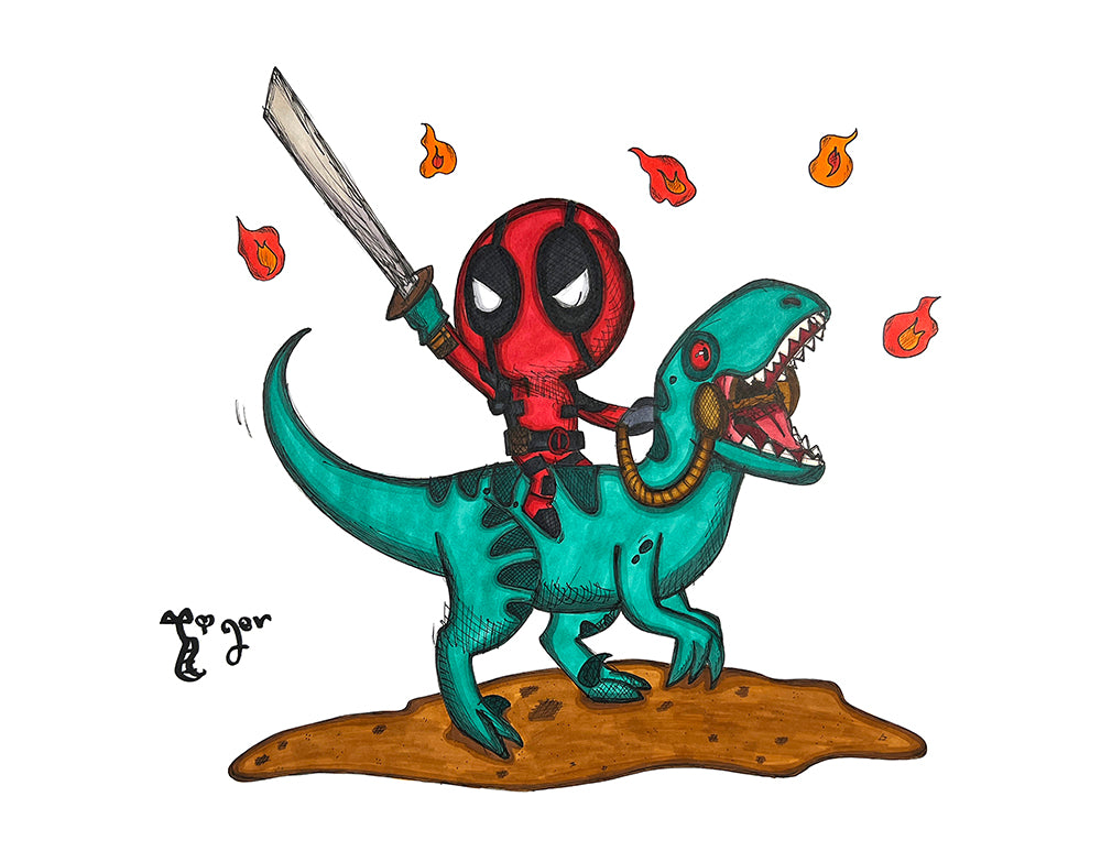 Art Print - SH8 Deadpool Riding Raptor - Marvel Jurassic Park