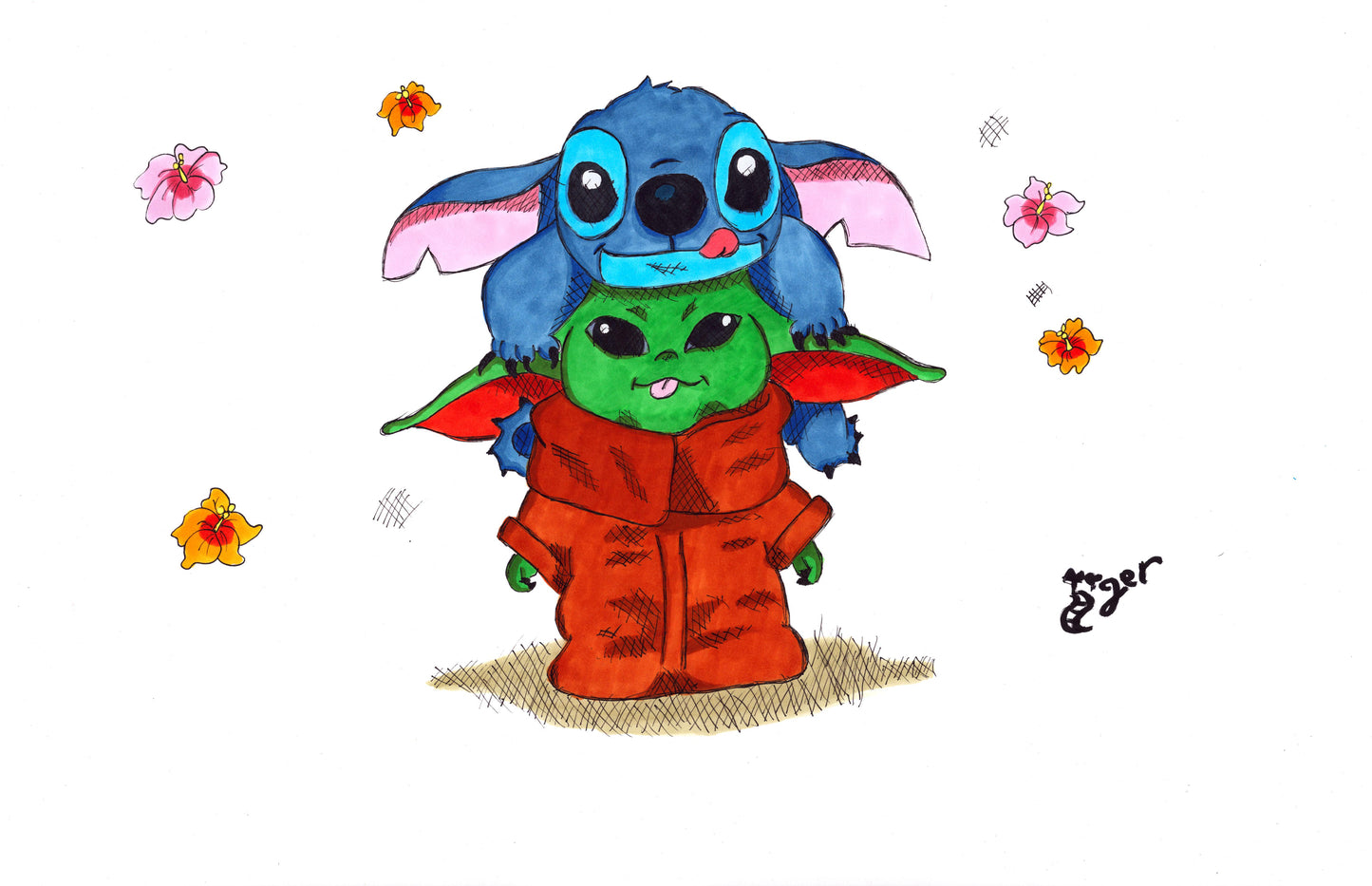 Stitch and Baby Yoda - 11x17 Character Drawing