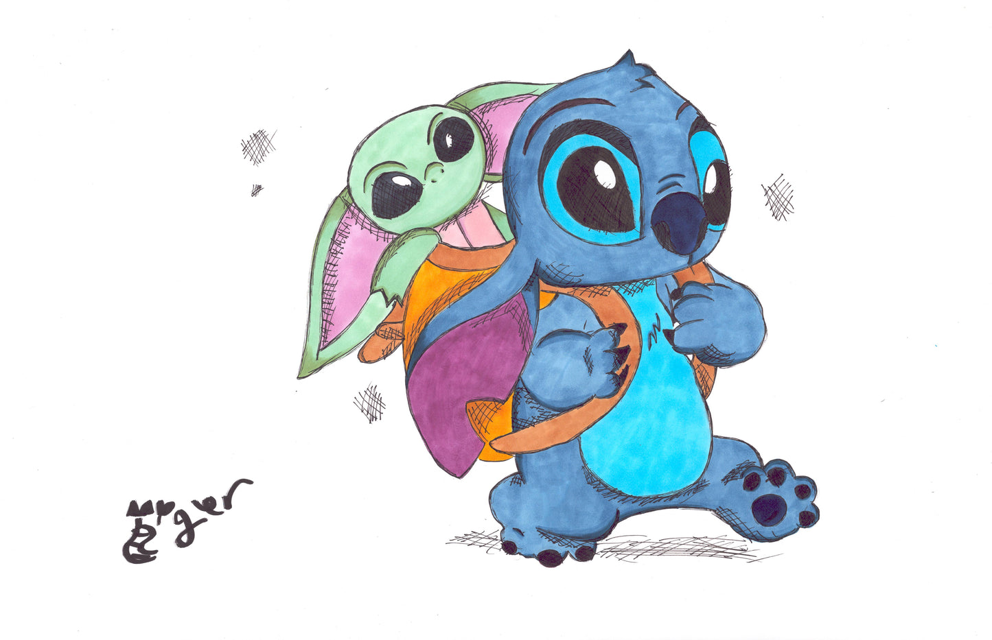 Stitch and Baby Yoda2 - 11x17 Character Drawing