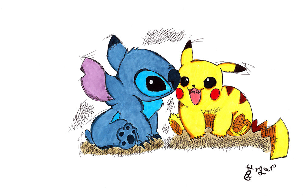 Stitch and Pikachu - Pokemon - 11x17 Character Drawing